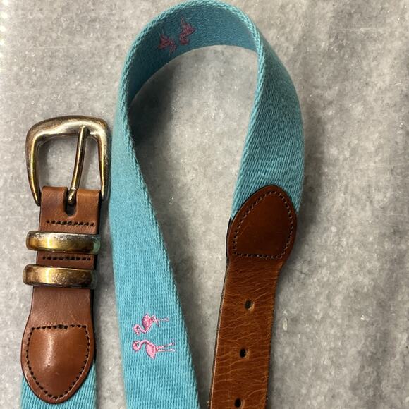 Leather Man Flamingo Embroidered Canvas Leather Belt Mens 32 Blue Pink Handmade - Picture 5 of 9